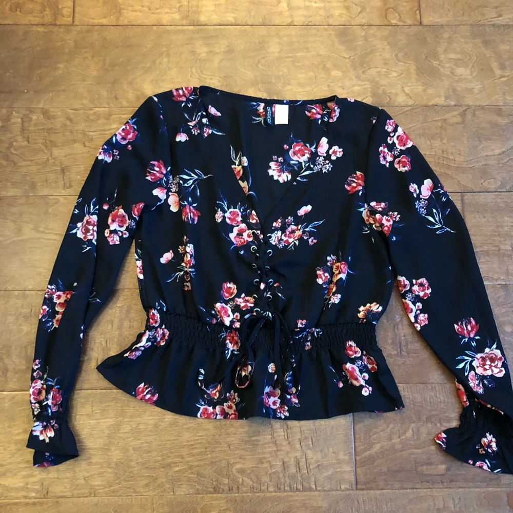 Black and Floral lace up top with cinched waist